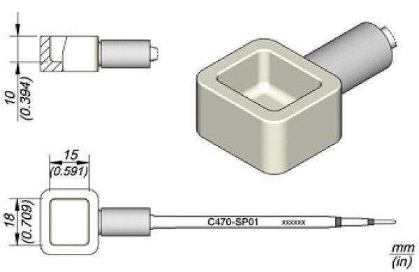 The image shows a technical drawing of a square tool with a cylindrical handle. Dimensions in millimeters are provided, clarifying the dimensions of the tool.