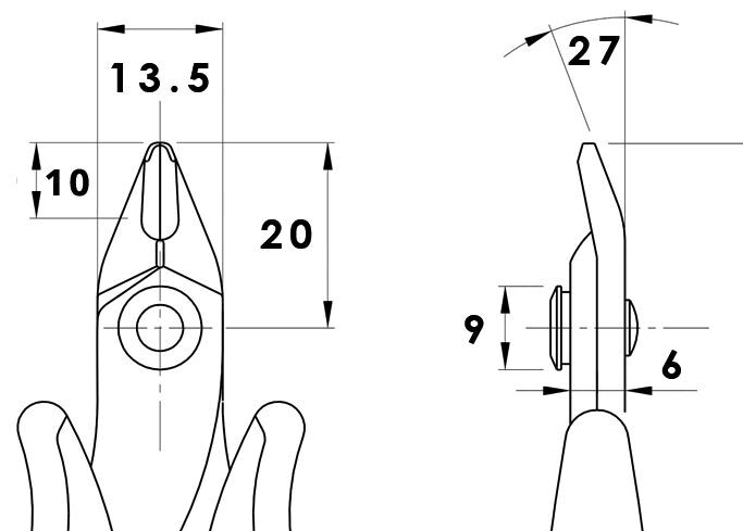 The image displays technical drawings of pliers with measurements. On the left side, a front view, and on the right, a side view, each showing various lengths and widths.