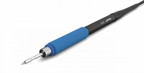 In the picture, a soldering iron is depicted. The handle is black with a blue rubber coating for better grip. The tip is metallic and pointed, ideal for soldering electronics. A cable extends its use.