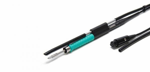 The image shows an electric soldering iron with a black handle and a green middle section. At one end, there is a tip. A cable leads to a plug.