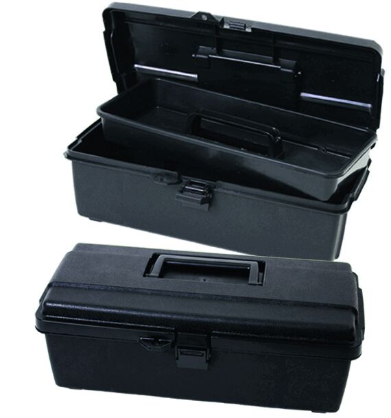 The image displays a black toolbox. It has two compartments that can be opened upwards. The box is rectangular and features a carrying handle as well as a latch.