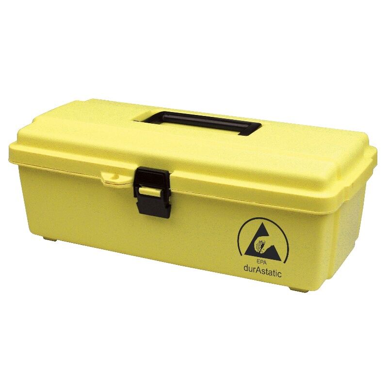 This is a yellow toolbox with a flat lid and a handle on top. It has a black clasp and an iconic logo on the front.