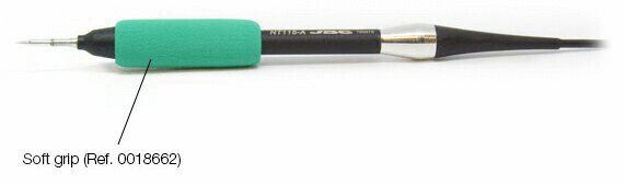 The image shows a pen with a green, soft grip in the middle. The front part is narrow and ends with a fine tip. The body is black with a silver element.