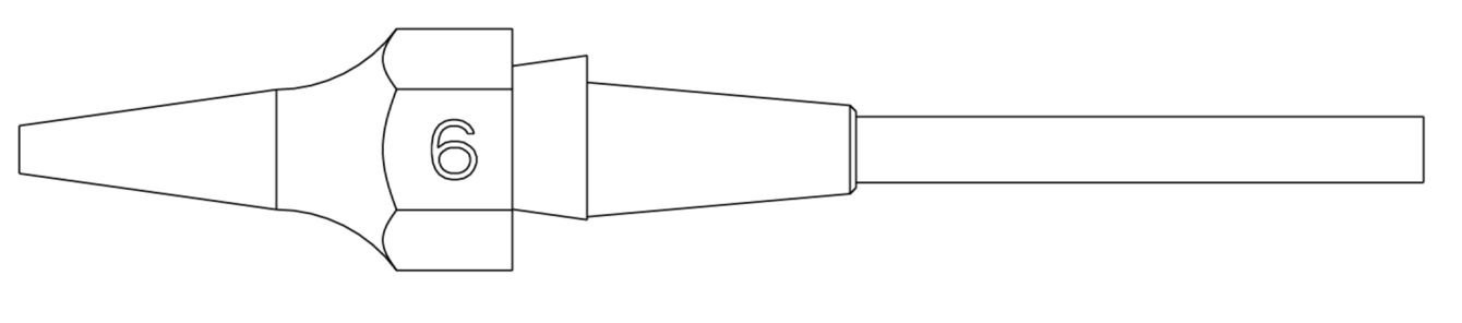 Das Bild zeigt eine schematische Darstellung eines spitzen, länglichen Objekts mit einem größeren, schmalen Abschnitt in der Mitte und einem dünnen Ende, das möglicherweise ein Stück eines Werkzeugs ist.