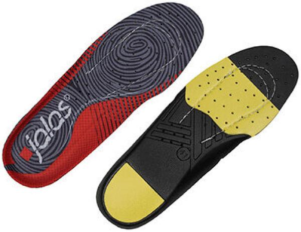 The image shows two insoles. One side is red with a spiral-like pattern, the other is black with yellow and black areas. They are designed for additional comfort and support.