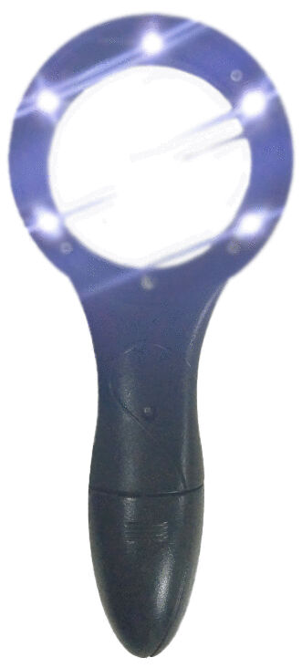 The image shows a magnifying lens with a round glass and an ergonomic, black handle. Around the lens, several small lights are arranged to illuminate it.