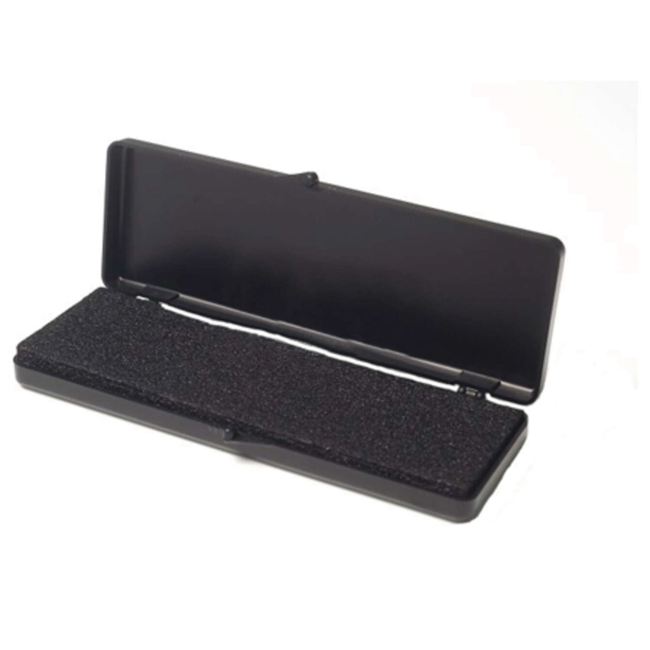 The image shows a black, flat case that is open. Inside, there is a velvet-like surface. The case has rounded edges and a practical shape for storage.