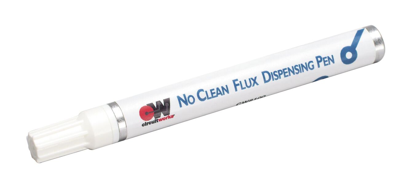 The image shows a white marker with a broad tip. On the body are the words "No Clean Flux Dispensing Pen" in blue and black lettering. The pen has a simple design.