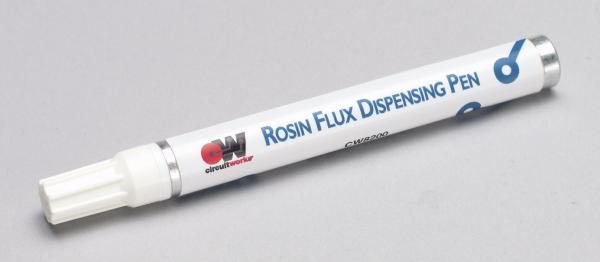 It is a white pen with a broad tip. On the body it says "Rosin Flux Dispensing Pen" in blue lettering. It has a silver end and a simple design.