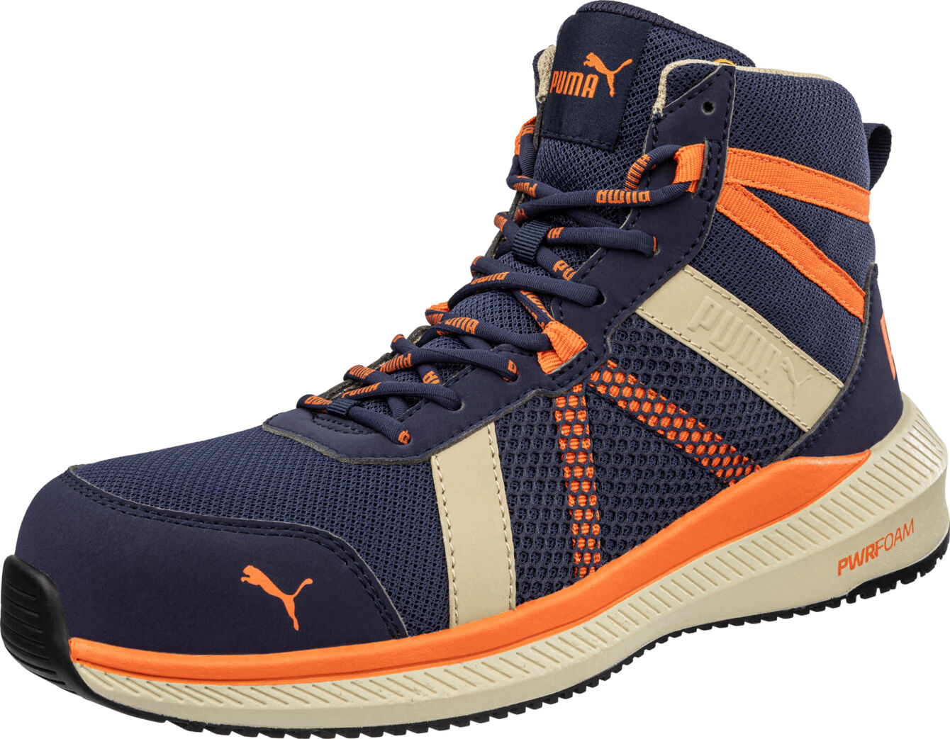 Der Schuh ist ein hoher, sportlicher Sneaker in Blau mit orangenen und beigen Akzenten. Er hat eine strukturierte Oberfläche und eine breite, rutschfeste Sohle.