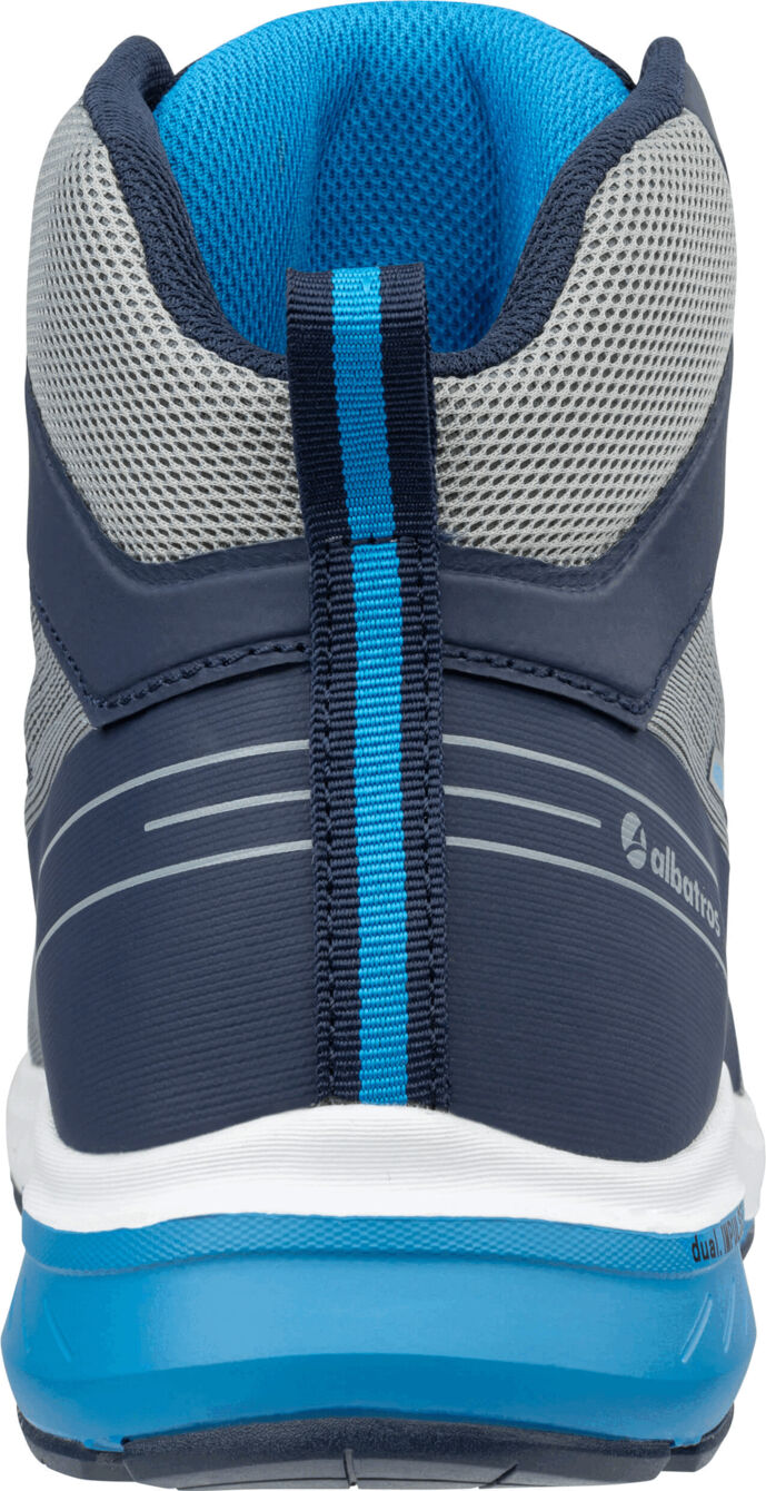 The shoe is a high hiking boot in blue and gray tones. The back features a breathable mesh upper and a bright, non-slip sole. A blue stripe runs vertically.