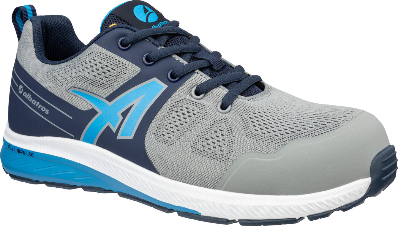 The shoe is a lightweight, sporty sneaker in gray and blue. It features a breathable upper with a striking logo in light blue and a white, cushioned sole.