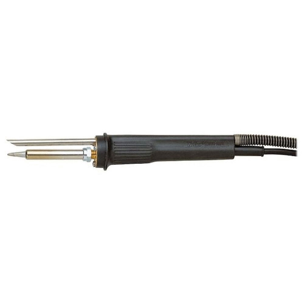 The image shows a soldering iron with a long, black handle and a metal tip. The tip is narrow and elongated, and there is a small dial on the handle.