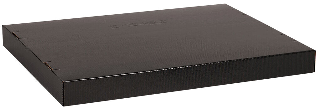 The image displays a flat, rectangular, black cardboard box. The surface is smooth and undecorated. The edges are slightly rounded, and the box appears to be stable and sturdy.