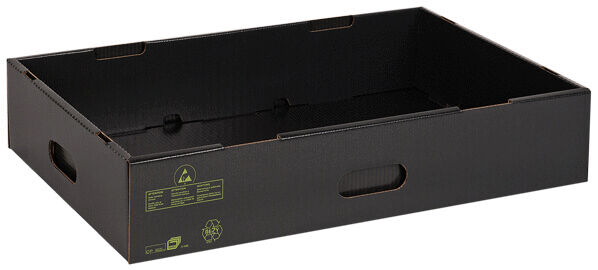 The image shows a rectangular, black cardboard box without a lid. It has openings for carrying on both long sides and is flat. The inner surface is smooth and unprinted.