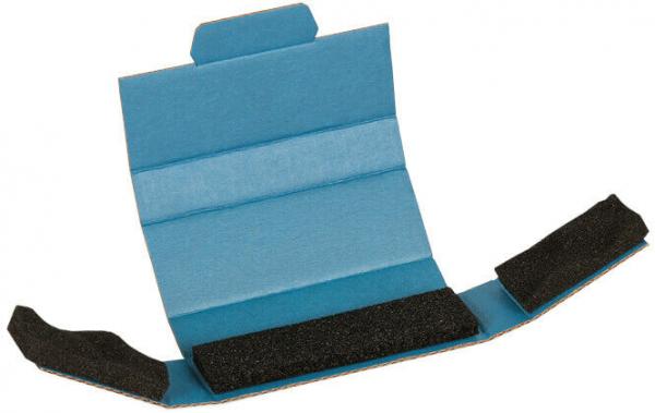 The image shows a foldable blue cardboard box with two black foam strips on the sides. It has an upright center and is probably used for protecting or transporting items.