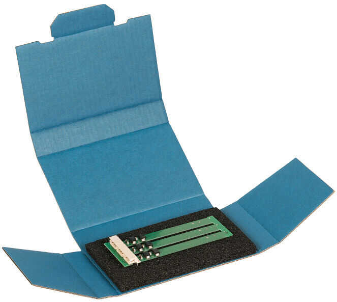 The image shows an open, blue package with two flaps. Inside the package, there is a green circuit board resting on black foam.