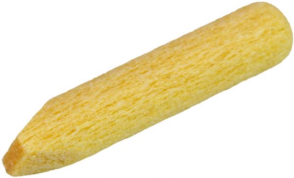 The image shows a yellow, elongated object that tapers to a point. It has a rough, sponge-like texture and resembles a large pen or marker.