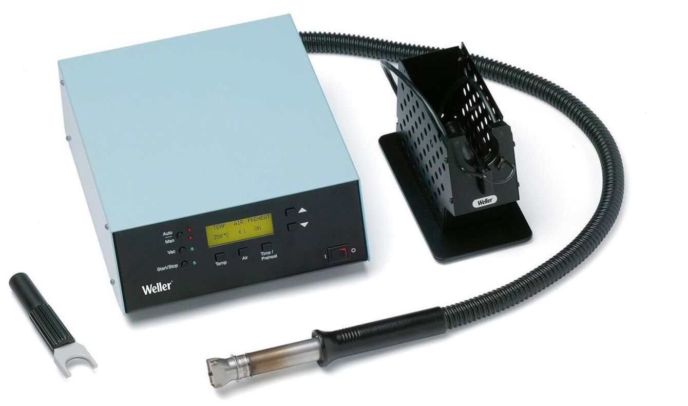 The image shows a soldering station with a blue casing, a digital display, and controls. Next to the station is a soldering tool with a flexible cable and a storage station made of black wire mesh.