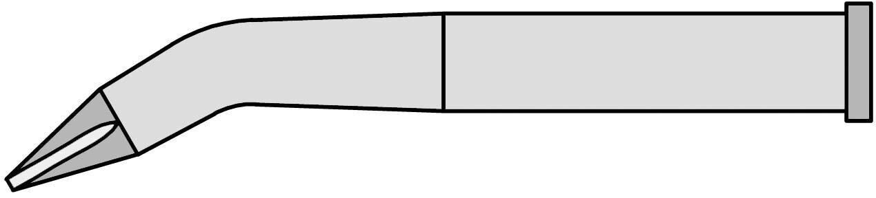 Das Bild zeigt eine dünne, gebogene Metallspitze, die an einem zylindrischen Griff befestigt ist. Die Spitze hat eine scharfe Kante und ist für präzise Anwendungen gestaltet.