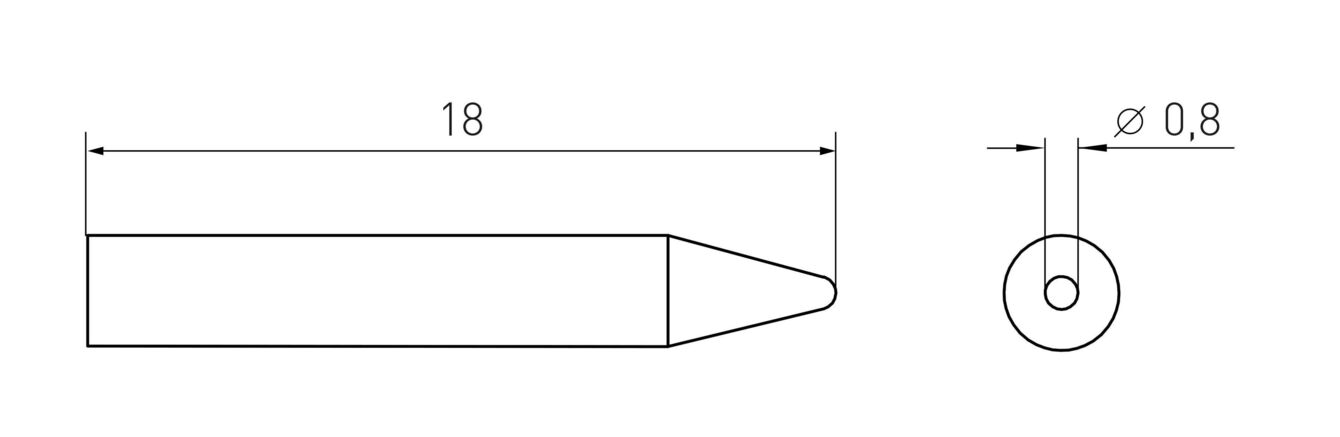 The image shows a technical drawing of a pin. It is 18 mm long and tapers at one end. To the right, a round cross-section with a diameter of 0.8 mm is shown.