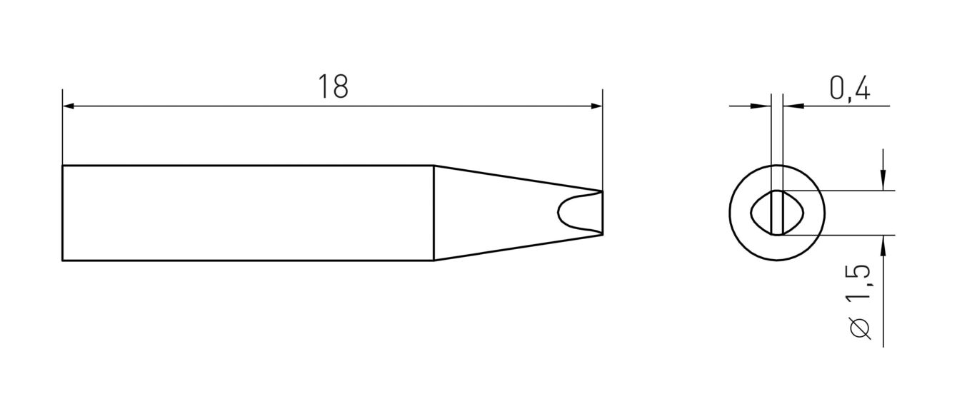 The image displays a technical drawing of an object. It has an elongated, pointed shape with a diameter of 18 mm at its thickest point and a round end with a diameter of 1.5 mm.