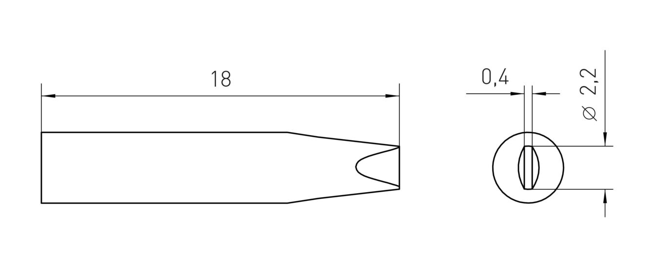 The image displays a technical drawing of a tool. It has an elongated shape with a pointed opening and is circular on one side with a slot. Dimensions are provided.