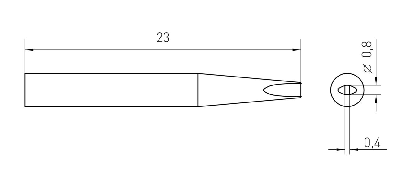 Das Bild zeigt eine technische Zeichnung eines schmalen Objekts mit einer Länge von 23 mm. Es hat eine spitze Form und eine runde Öffnung mit einem Durchmesser von 0,8 mm und einer Tiefe von 0,4 mm.