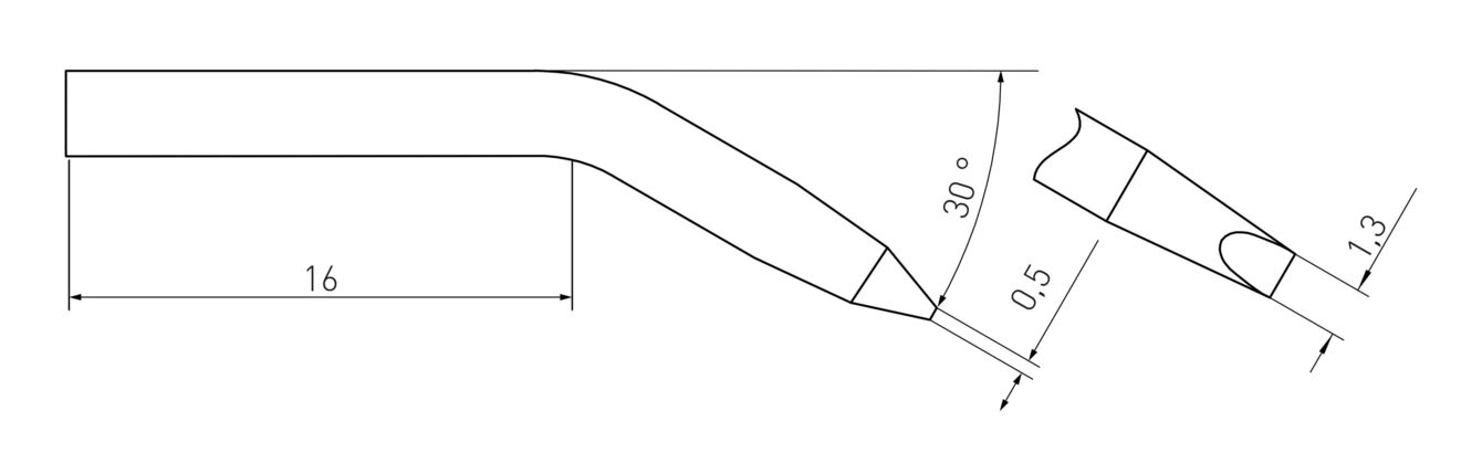 Das Bild zeigt eine technische Zeichnung eines Werkzeugs mit einem geraden und einem gebogenen Ende. Mehrere Maße sind angegeben: 16 mm, 30°, 0,5 mm und 1,3 mm für verschiedene Teile.