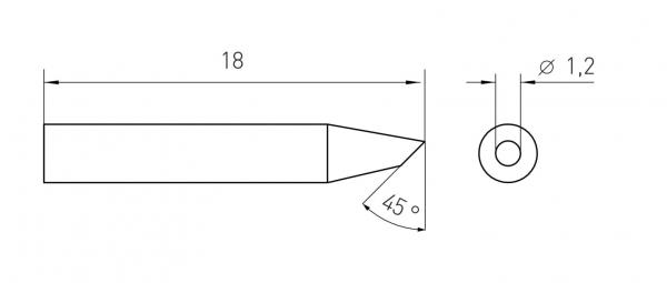 The image displays a technical drawing draft of an object. It has an elongated shape with a tip angled at 45 degrees, and a diameter of 1.2.