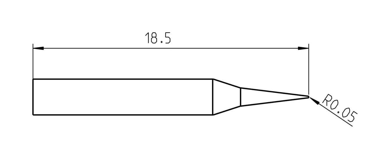 Das Bild zeigt eine technische Zeichnung eines spitzen Objekts, das 18,5 mm lang ist. Es hat eine zylindrische Form mit einer abgerundeten Spitze (Radius 0,05 mm).