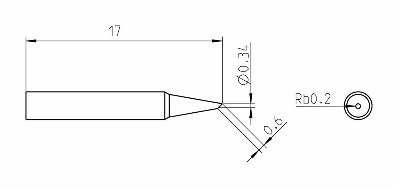 The image displays a technical drawing of an object with a length of 17 mm. At the front, it tapers to a point with a diameter of 0.34 mm and a specified radius.