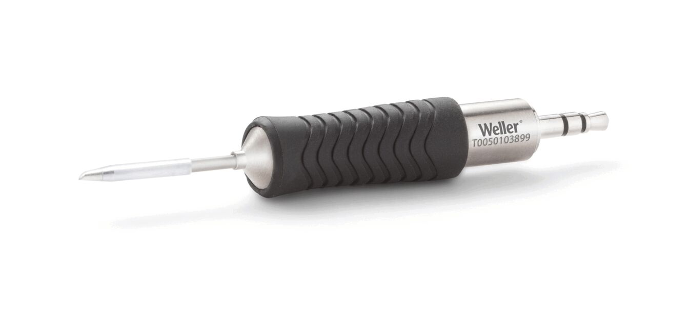 The image shows a soldering iron with a metallic, smooth end and a rubberized, non-slip grip. The grip has a wavy structure for better hold.