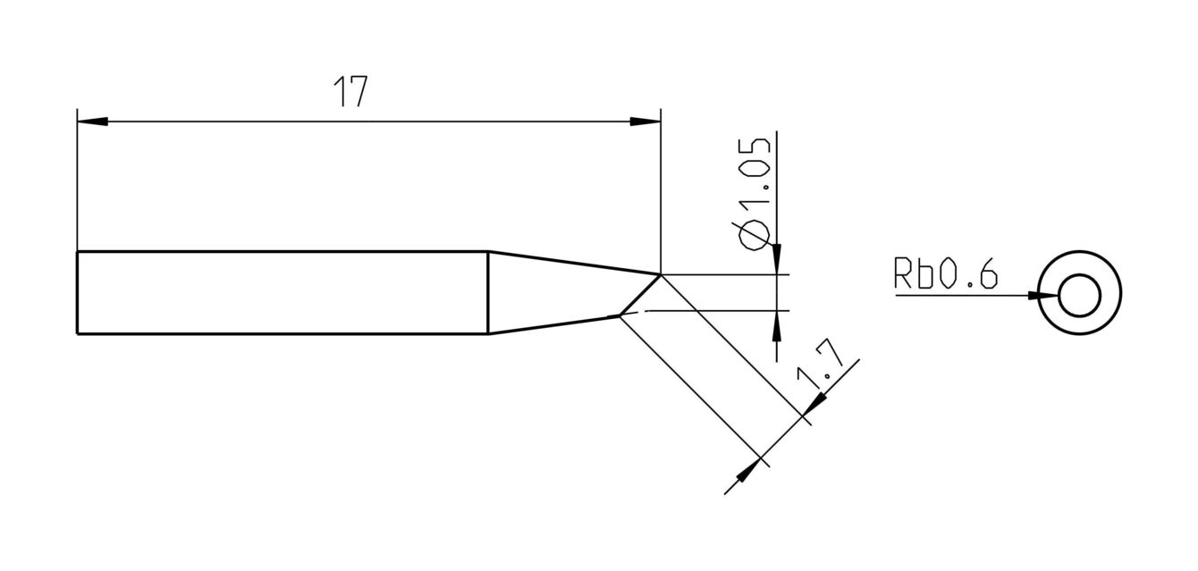 The image shows a technical drawing of an object with dimensions. It has a straight section that transitions into a more pointed shape, and includes various diameters and radius details.