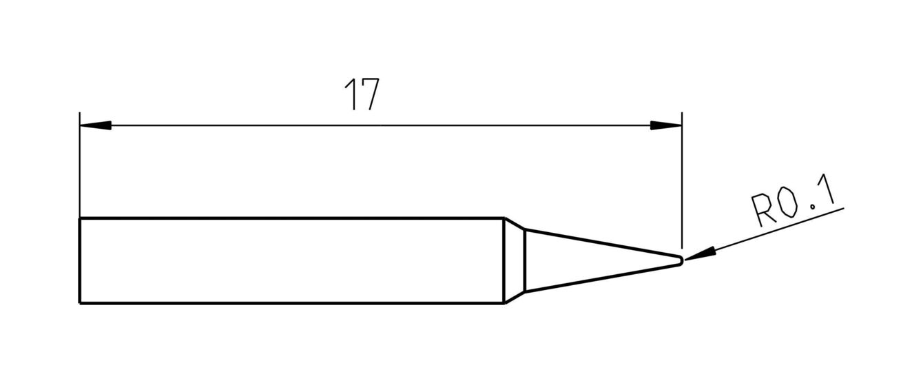 The image displays a technical drawing of a pen. It is 17 mm long, with a sharp, conical shape and a slightly rounded end (radius 0.1 mm).