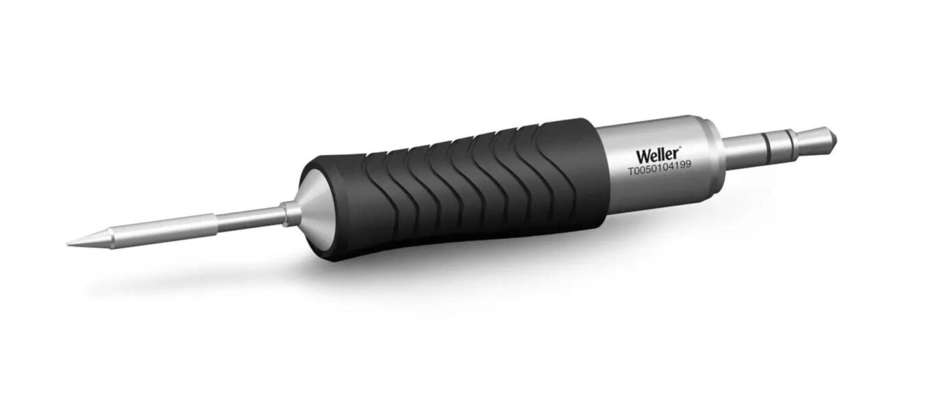 The image shows a screwdriver with a rubberized handle and a smooth metal part. The blade is pointed and allows for precise work. The manufacturer's name "Weller" is visible.