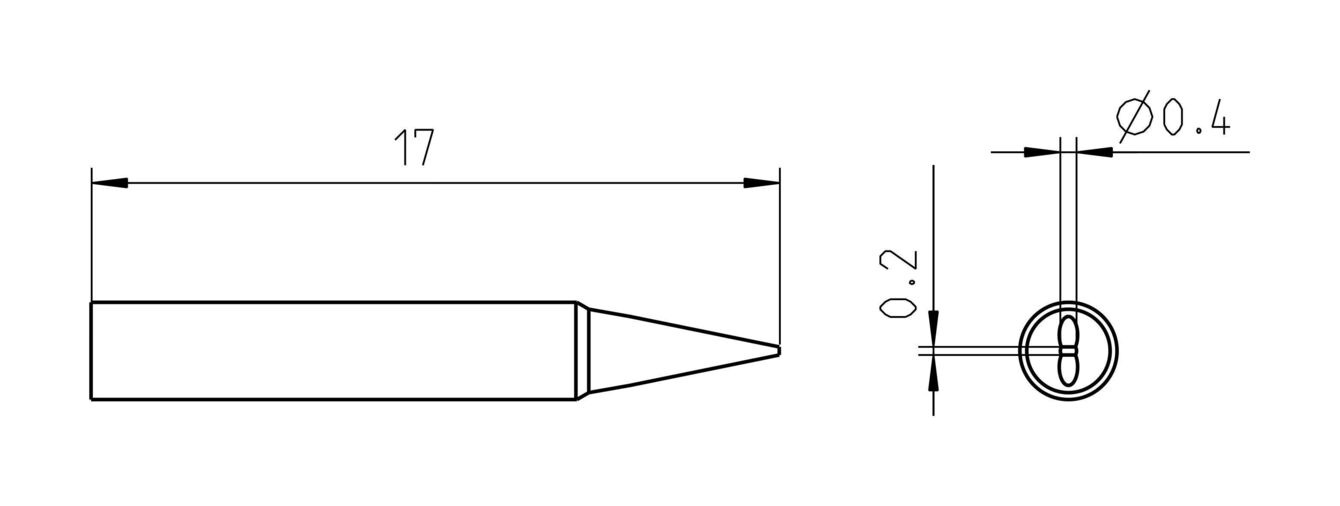 The image shows a technical drawing of a cylindrical object with a pointed tip. The length is 17 mm, with diameters of 0.4 mm and 0.2 mm.