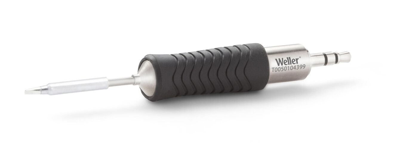 The image shows a silver soldering iron with a black rubber grip. The grip has a grooved structure for better hold. The tip is thin and sharply shaped.