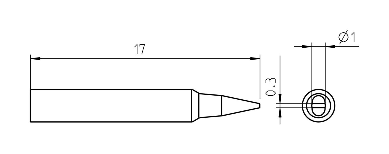 The image shows a technical drawing of a cylindrical object with a pointed end. The length is 17 mm, the diameter 1 mm. On the side, dimensions for thickness (0.3 mm) are indicated.