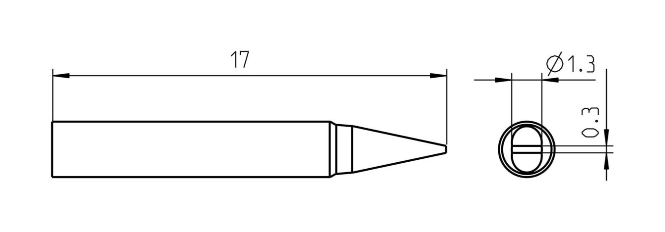 The image displays a technical drawing of a long, pointed object. It measures 17 mm in length and features a round opening with a diameter of 1.3 mm and a depth of 0.3 mm.