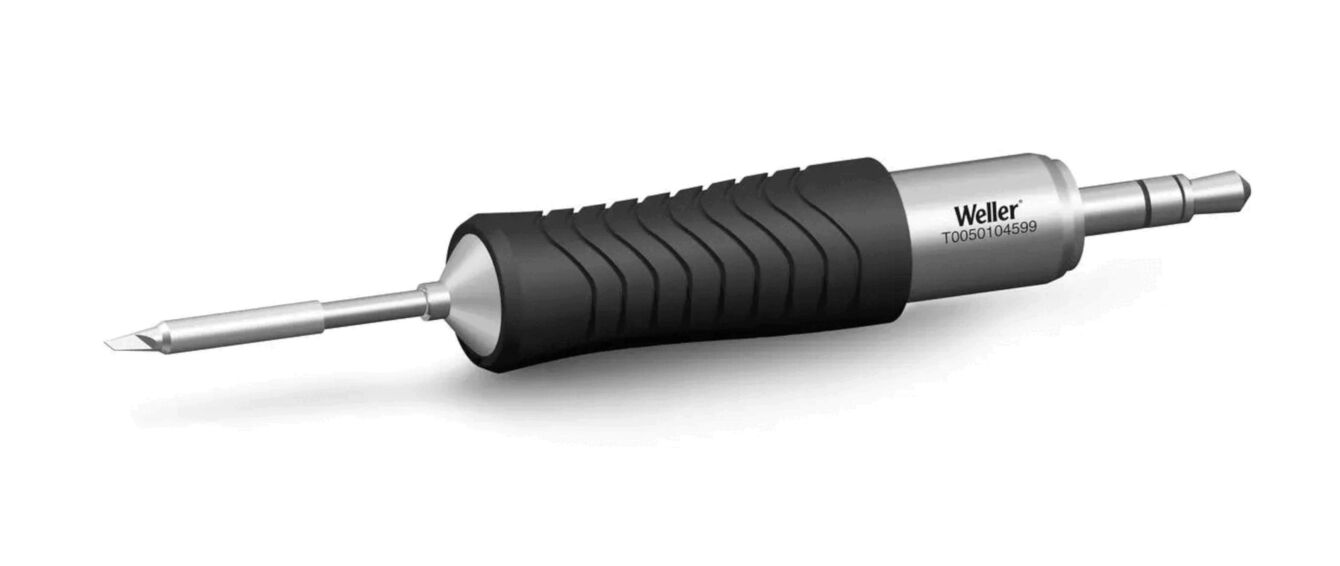 The image shows a screwdriver with a non-slip, black rubber handle and a chrome-plated metal tip. It has an interchangeable head for different types of screws.