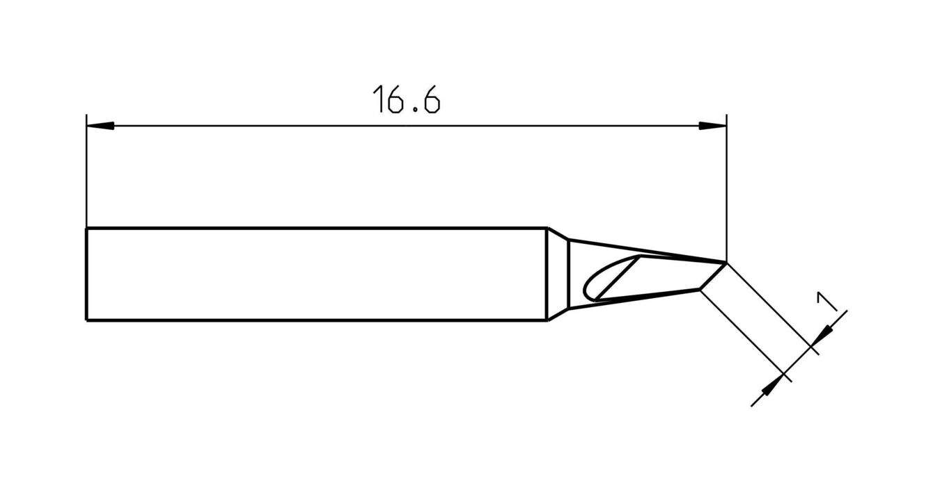 The image displays a technical drawing of a tool with a length of 16.6 mm. It has a straight, cylindrical shape that tapers diagonally at one end.