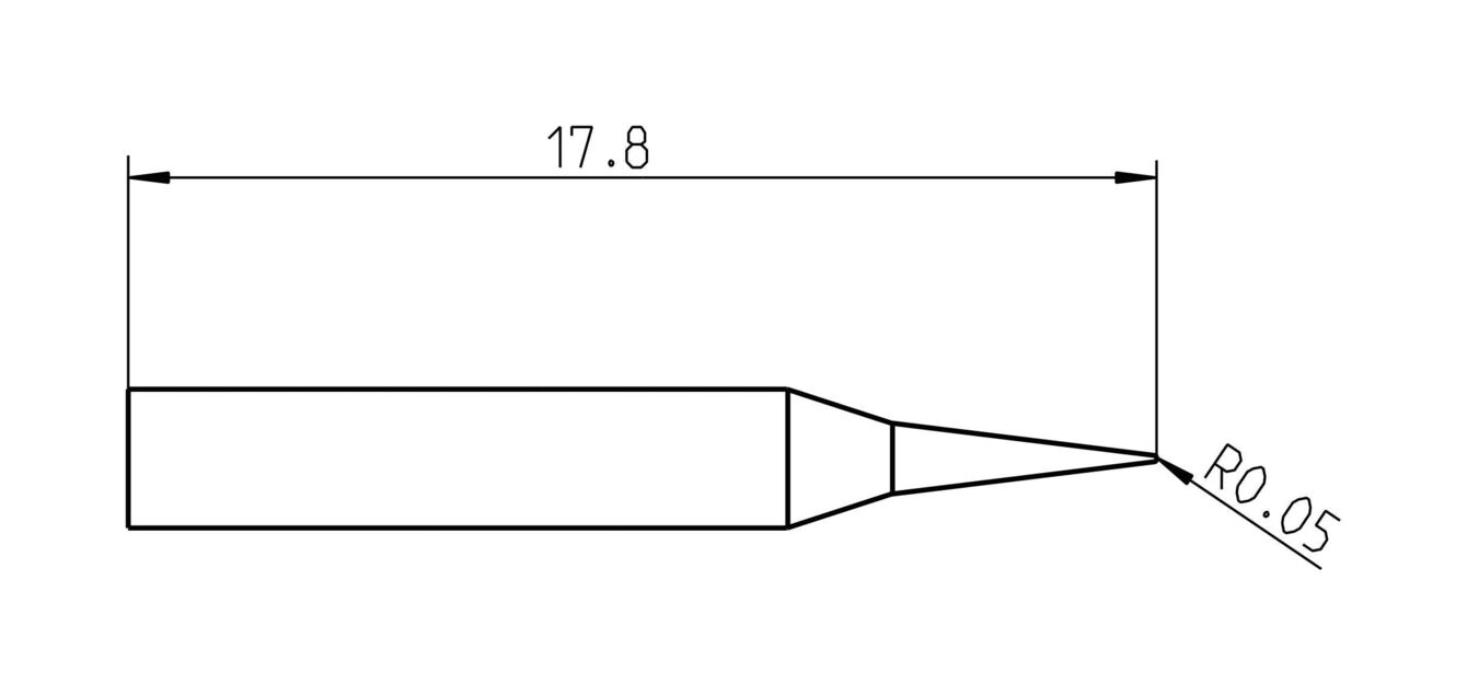 The image displays a technical drawing of an object measuring 17.8 mm in length with a sharp, rounded shape. The tip is slightly tilted and has a radius of 0.05 mm.