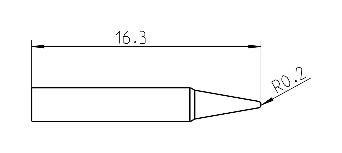 The image displays a technical drawing of an object. It has an elongated shape with a pointed, narrow tip. The dimensions are specified: 16.3 mm in length and a rounded edge with a radius of 0.2 mm.