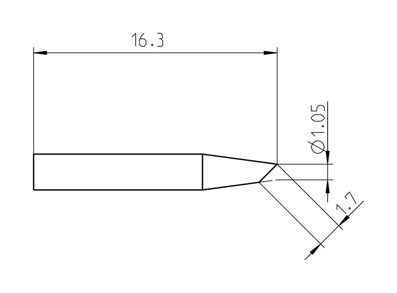 The image displays a technical drawing with dimensions. There is an elongated shape that tapers to a point at one end. Measurements are provided in millimeters.