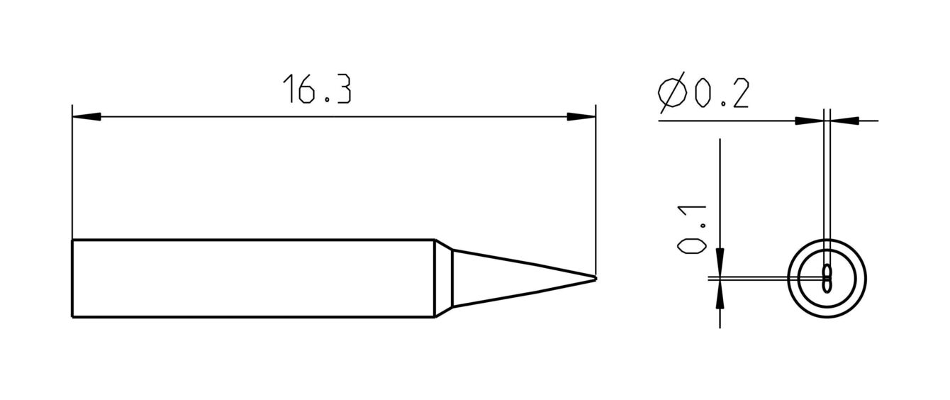 The image displays a technical drawing of a pointed object, likely a pen or a similar tool. On the left, the length dimensions are provided (16.3 mm), and on the right, a diameter of 0.2 mm.