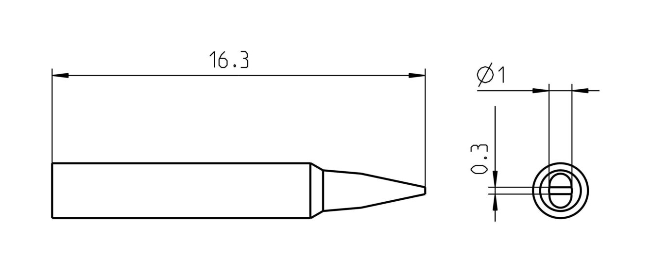 The image displays a technical drawing of a part. It has an elongated shape with a pointed tip. At one point, the diameter and dimensions are specified: 16.3 mm, Ø1 mm, and 0.3 mm.