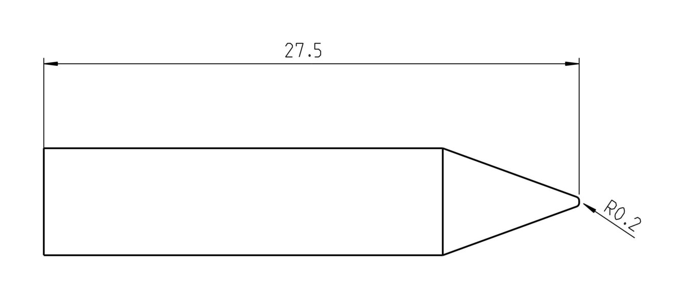 Das Bild zeigt eine technische Zeichnung eines Objekts mit einer Länge von 27,5 Einheiten und einer spitz zulaufenden Form. An einer Ecke befindet sich eine abgerundete Kante (Radius 0,2).