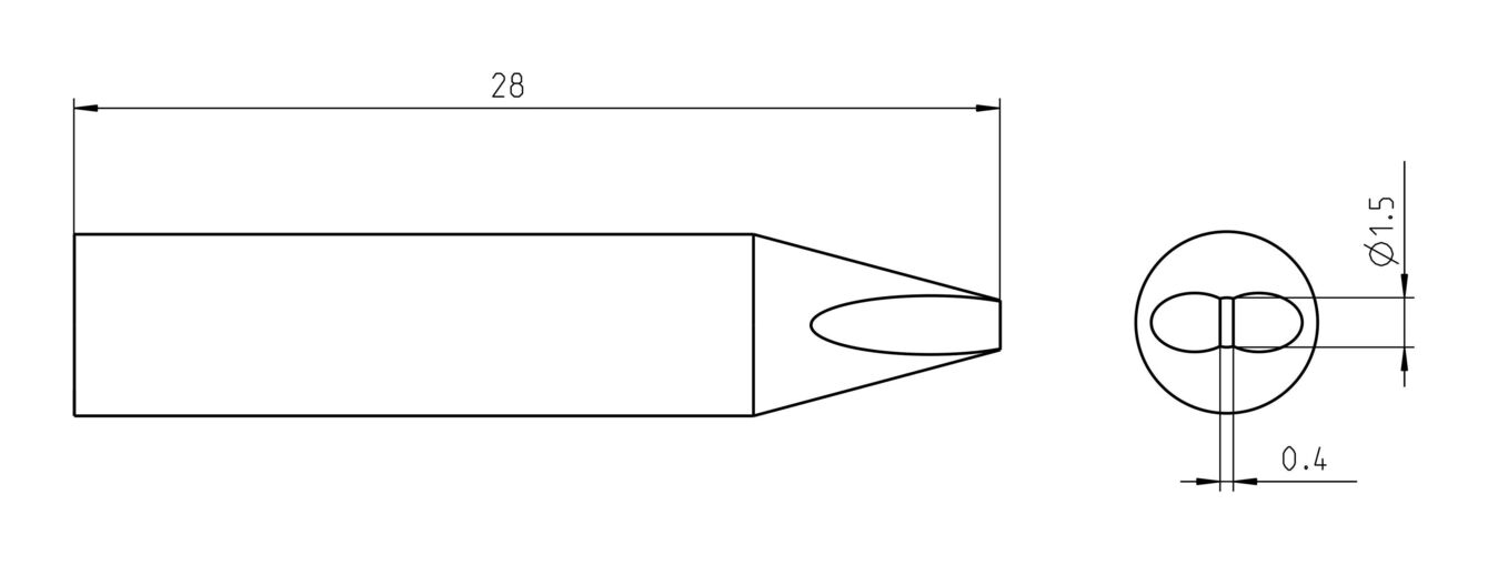 Das Bild zeigt eine technische Zeichnung eines zylindrischen Objekts mit abgerundeter Spitze und einer seitlichen Draufsicht. Die Maße sind eingezeichnet: Länge 28 mm, Durchmesser 1,5 mm (oberer Rand) und 0,4 mm (unterer Rand).