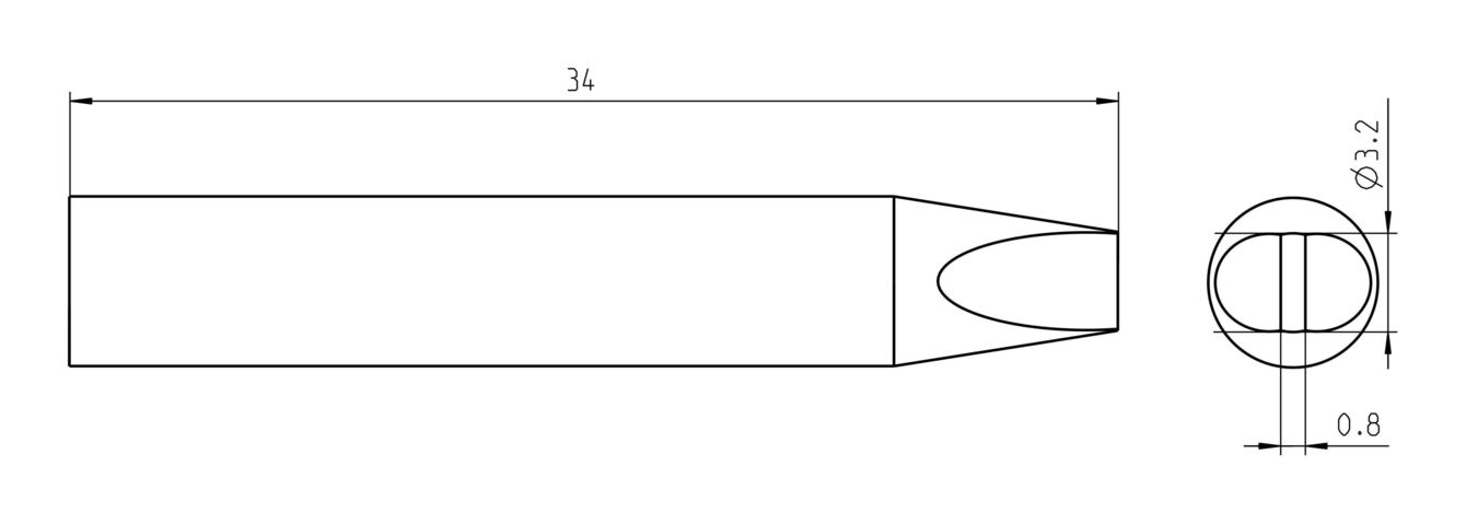 The image displays a technical drawing of a long, narrow object with a pointed, slightly rounded front. It has a length of 34 mm and a diameter of 3.2 mm at the base.